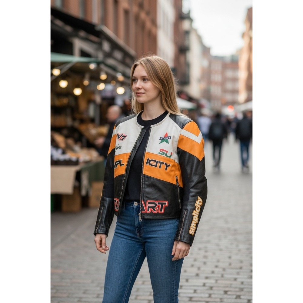 Simplicity Racing Moto Jacket Black Orange White Faux Leather Graphic Small